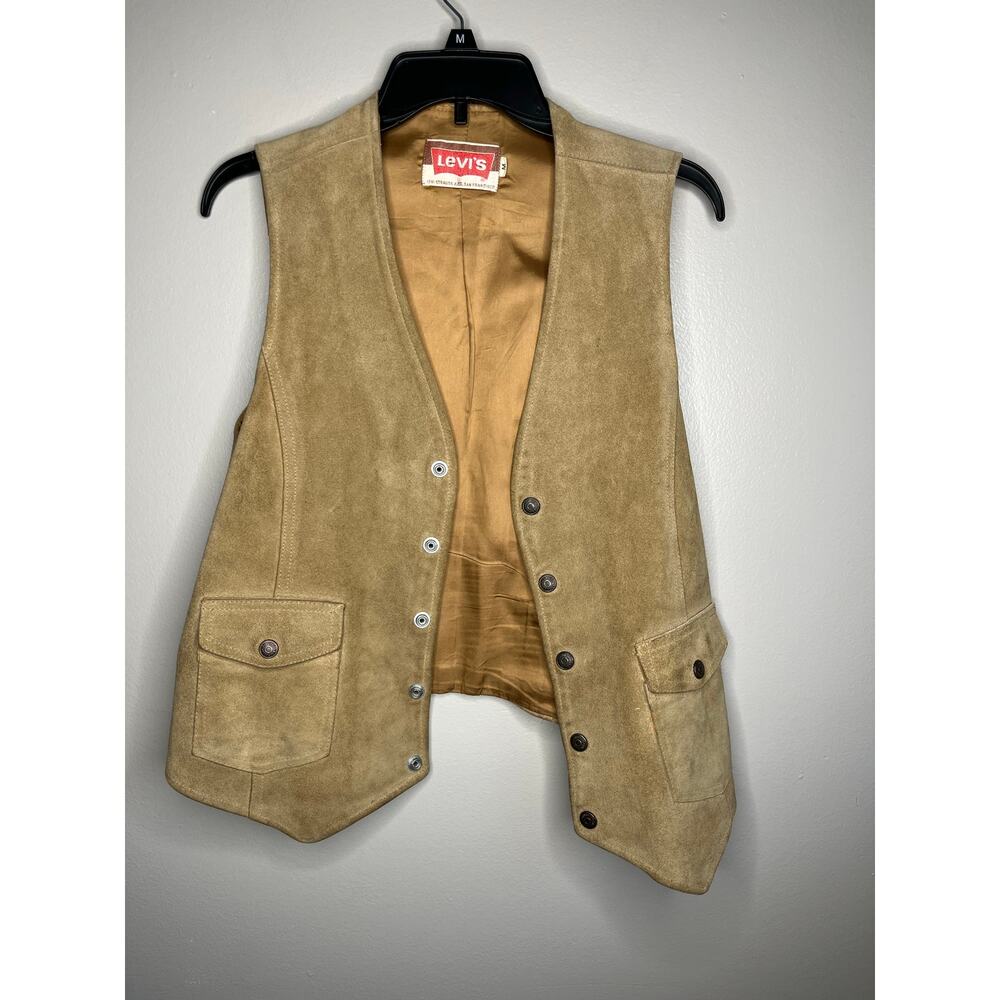 Vintage 70s Levi’s Tan Suede Leather Vest Western Graphic Back Size Medium - Picture 4 of 7